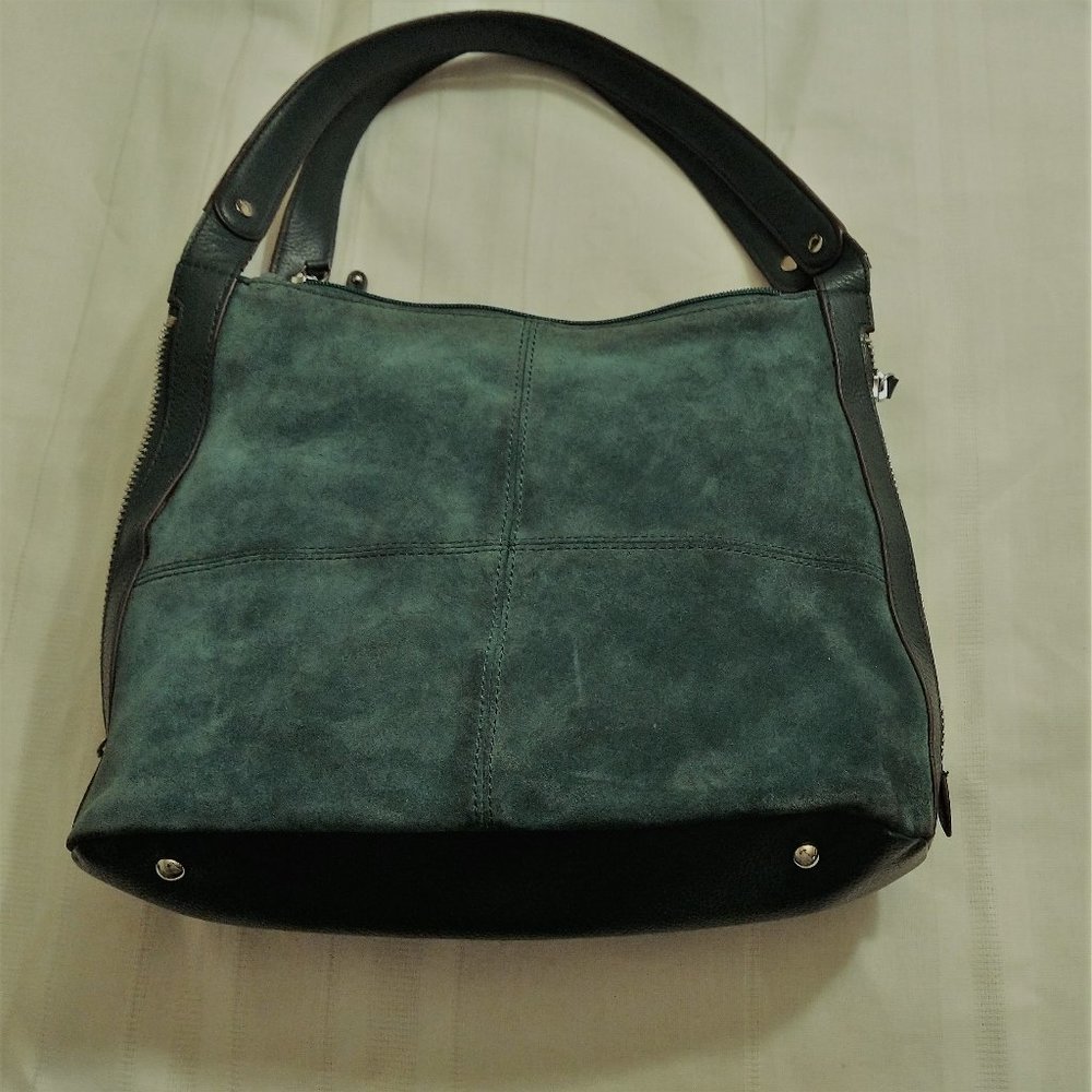 Tignanello Green Suede Leather Hobo Shoulder Bag w/ Blue Side Zipper Expansions